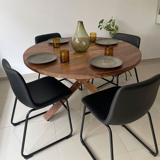 Mesa de comedor Redonda patas cruzadas Madera Natural con sillas Vinipiel