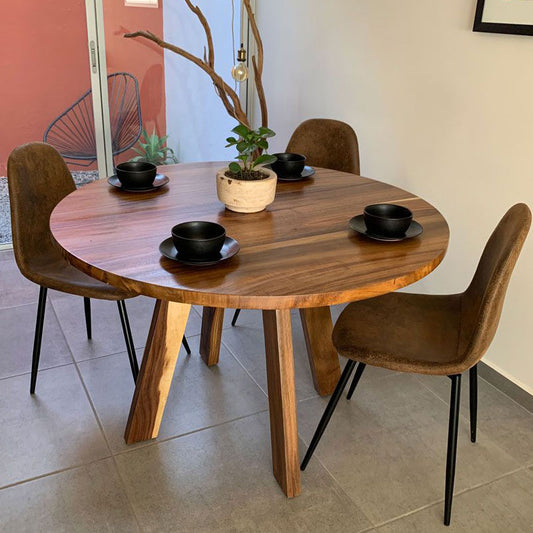 Mesa de comedor Redonda base pedestal Madera Natural con sillas Ante