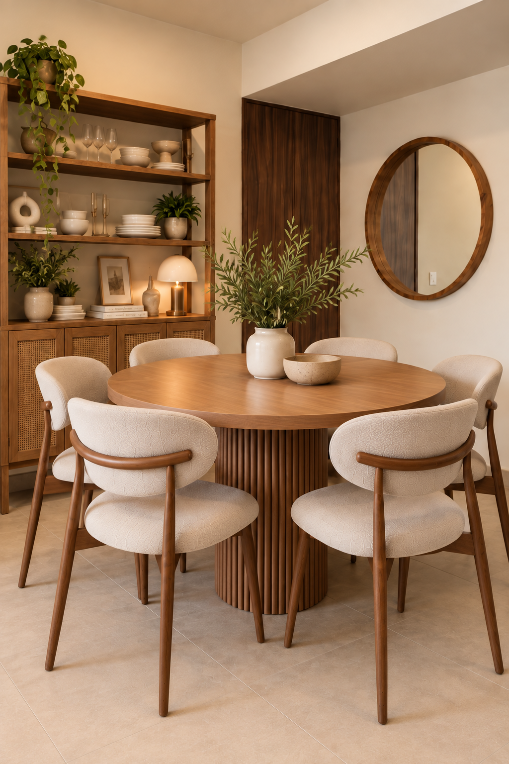 Mesa de comedor Redonda Montana madera Rosa morada con sillas