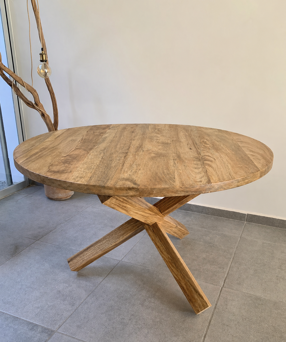 Mesa de comedor Redonda patas cruzadas Madera Natural